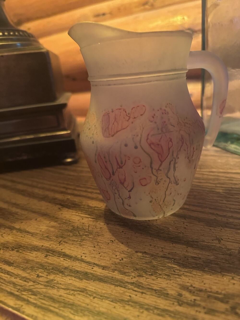 VTG Hand Painted Frosted Glass Pitcher 6.5" Pink & Orange Floral Cottagecore